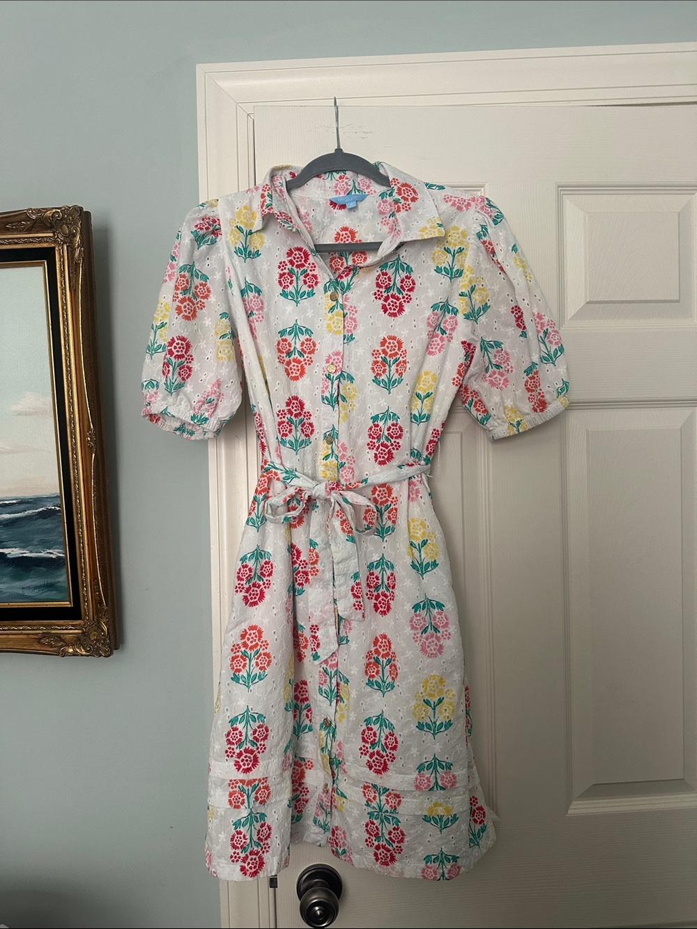 Draper James White Floral Eyelet Midi Dress with Multicolor Blooms